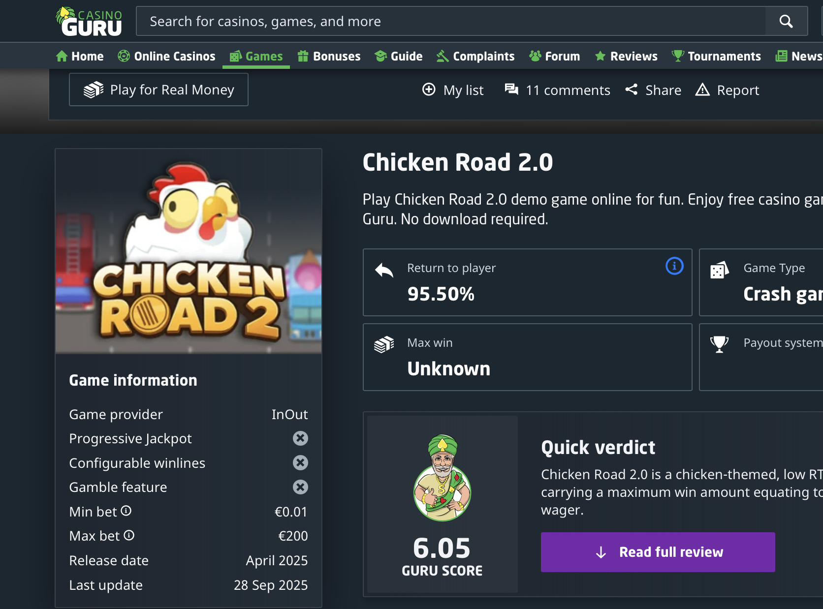 Chicken Road 2 Bewertung bei Casino Guru — Guru Score 6,05 mit RTP 95,5 Prozent, Min Bet 0,01 Euro und Max Bet 200 Euro als Crash-Spiel von InOut Games
