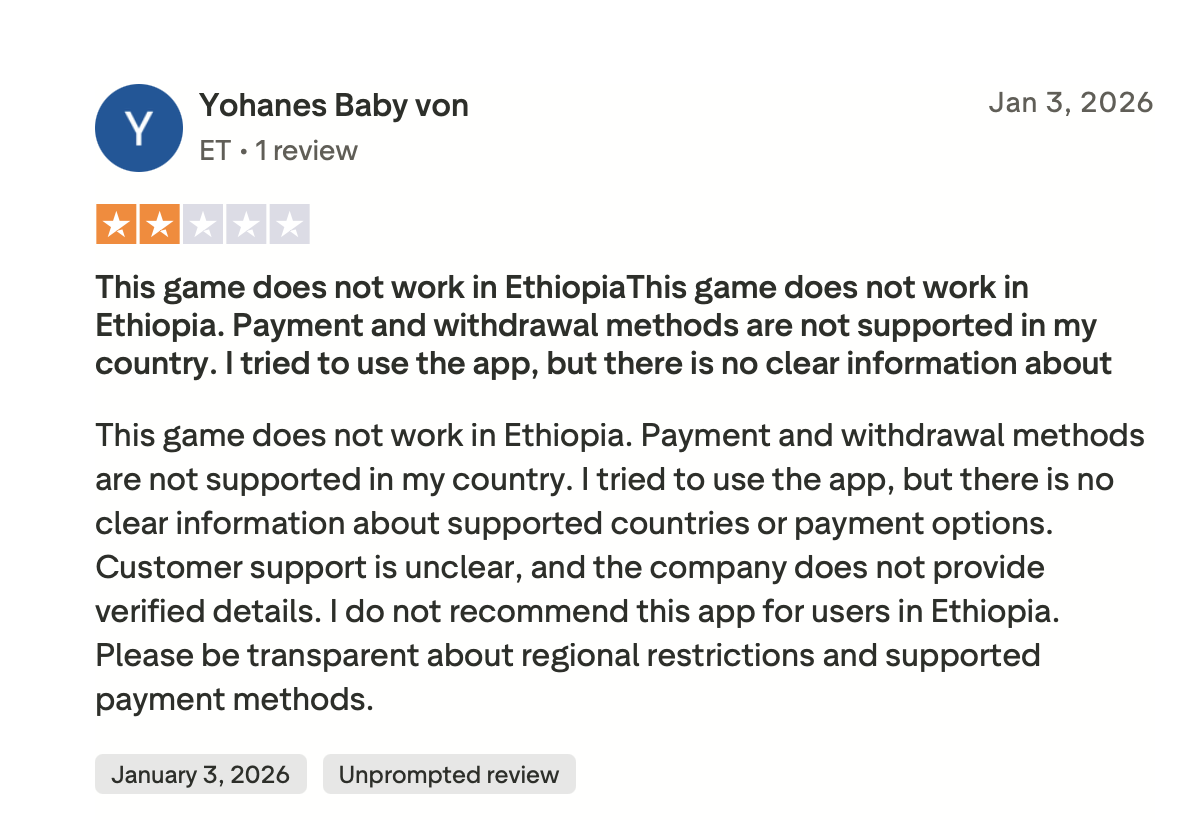 Chicken Road 2 Erfahrung von Yohanes Baby von auf Trustpilot — 2-Sterne-Bewertung vom 3. Januar 2026 über regionale Einschränkungen und fehlende Zahlungsmethoden in Äthiopien
