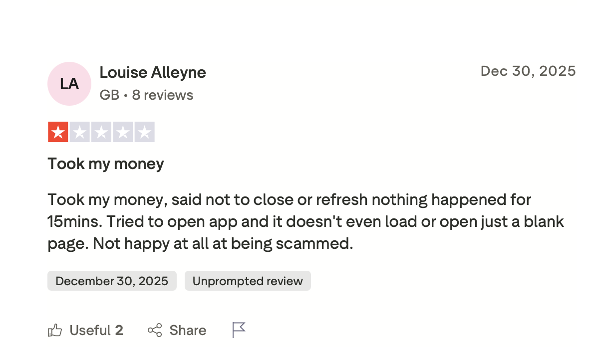 Chicken Road 2 Erfahrung von Louise Alleyne aus Großbritannien auf Trustpilot — 1-Stern-Bewertung vom 30. Dezember 2025 mit dem Titel Took my money über Auszahlungs- und App-Probleme