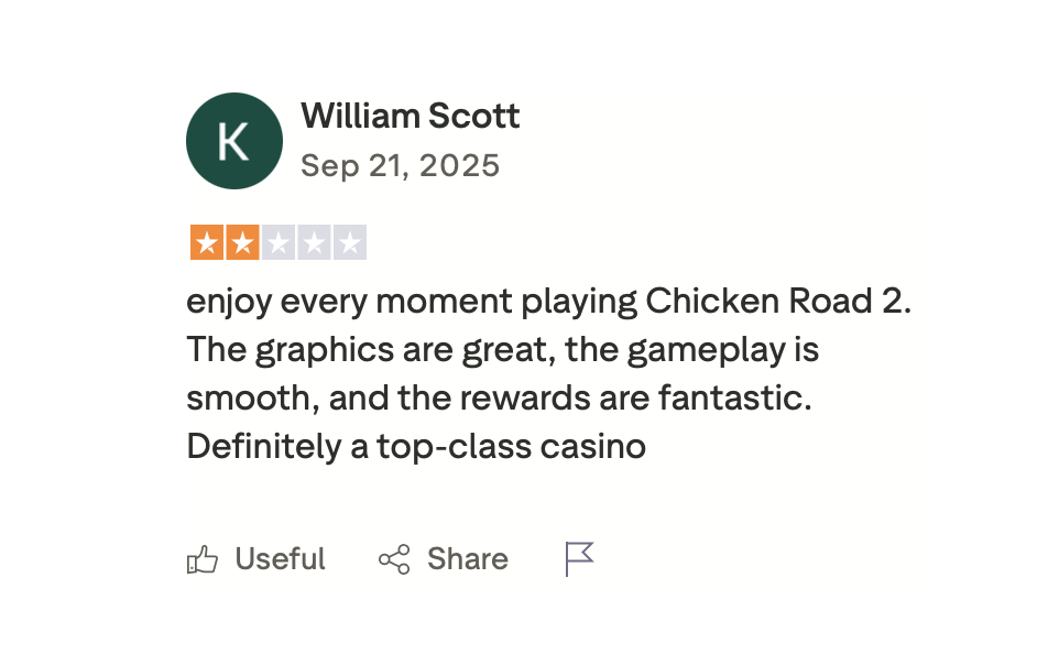 Chicken Road 2 Erfahrung von William Scott auf Trustpilot — positive Bewertung mit 2 Sternen vom 21. September 2025 zum Chicken Road 2 Slot