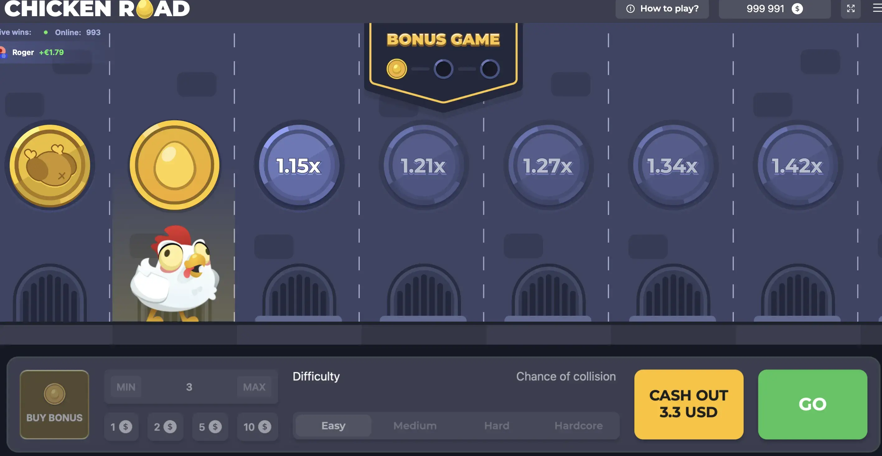 Chicken Road Bonus Gameplay — Hähnchen weicht dem Feuer aus, Multiplikatoren steigen, Bonus Game Counter oben